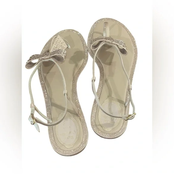 Rene Caovilla Nude Flat Rhinestone Bow Sandals Size 11B Wedding Formal Casual - Picture 3 of 9